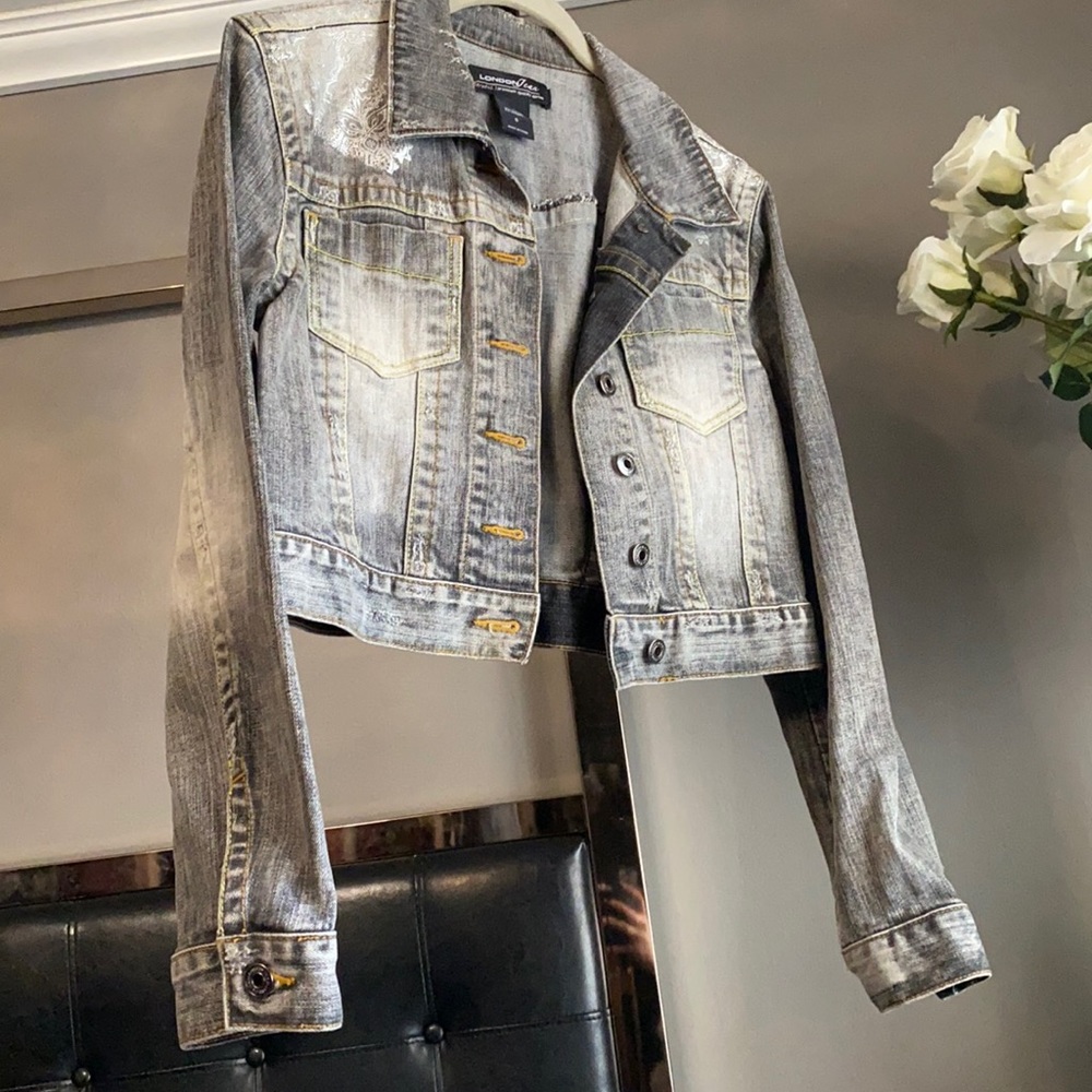 London Jean Victoria’s Secret Black / Gray Denim Jacket with Silver Metallics